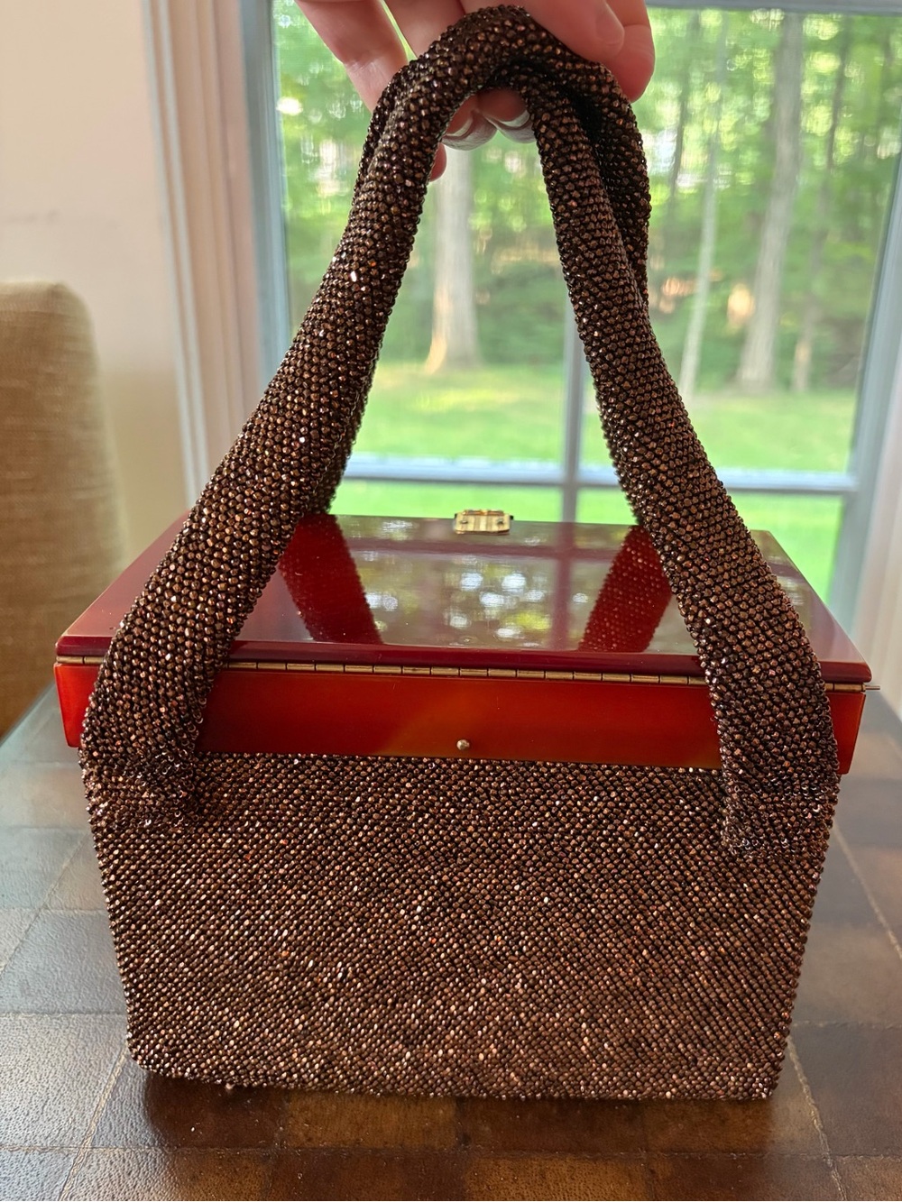 1940’s Antique Vintage Beaded Brown Top-Handle Evening Bag with Gold Clasp - Picture 3 of 12